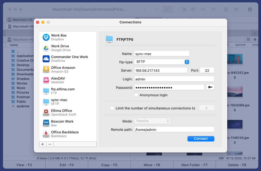 Commander One FTP connection screenshot Commander One FTP connection screenshot