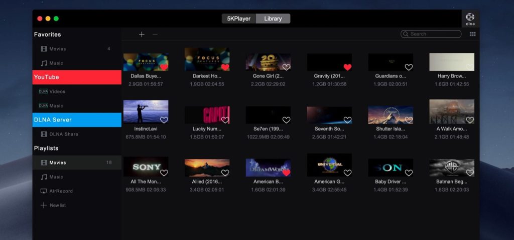 The Library of the 5KPlayer is opened on Mac 5KPlayer's Library