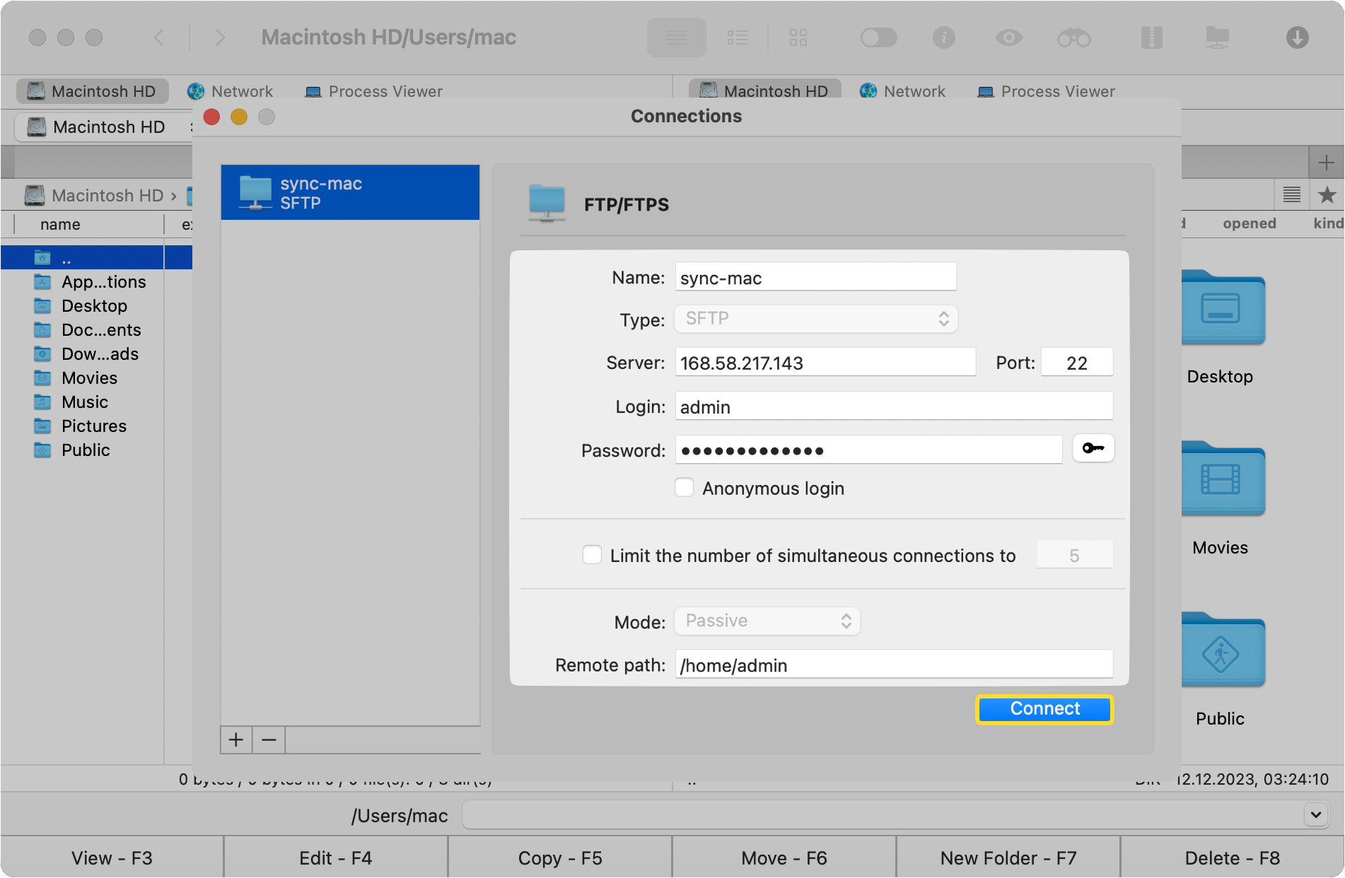 FTP connection Enter the IP address of the server or the domain name